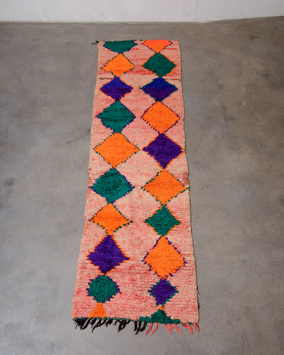 Modern, designer, handcrafted Berber runner rug from Morocco. Vintage carpet with beautiful colours and patterns and fluffy texture.